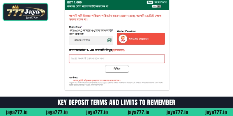 Jaya777 বেটিং অ্যাকাউন্টে সহজে How to Deposit করবেন 4 Key terms and transaction limits for How to Deposit on 777jaya platform