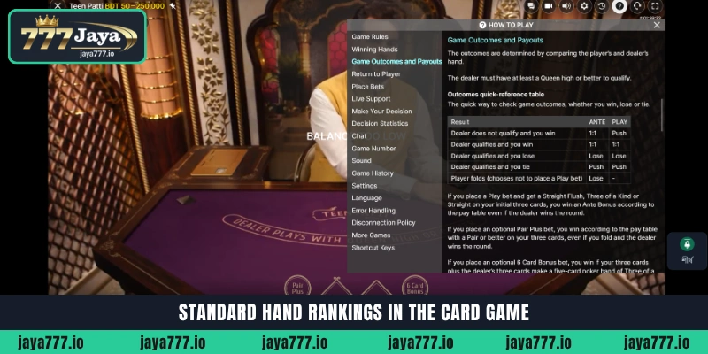 আল্টিমেট Teen Patti Live গাইড - Jaya777 অনলাইন ক্যাসিনোতে জিতুন 3 Standard Teen Patti hand rankings and card combinations for live casino players